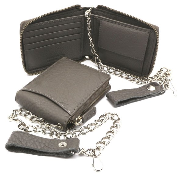 Bifold Genuine Leather Gray Wallet with Chain - Picture 6 of 7